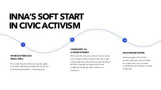 INTRODUCTION AND
SMALL WINS
This is the ﬁrst time Inna will participate
in social initiative provided by one of her
her favourite brands — a beauty spot.
COMMUNITYAS
A CHANGE MAKER HER OWN INITIATIVES
INNA’S SOFTSTART
IN CIVIC ACTIVISM
Having support from the
community and a lot of ideas
to implement in a can start
creating her ﬁrst steps in social
initiatives.
1
2 3
We invite Inna to an exclusive community
of a change makers where she can wider
her perspective about the social initiatives
and be inspired by example of such
initiatives made by other women in
business.
 