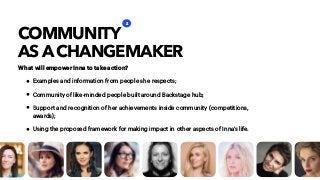 COMMUNITY
AS A CHANGEMAKER
• Examples and information from people she respects;
• Community of like-minded people built around Backstage hub;
• Support and recognition of her achievements inside community (competitions,
awards);
• Using the proposed framework for making impact in other aspects of Inna’s life.
2
What will empower Inna to take action?
 