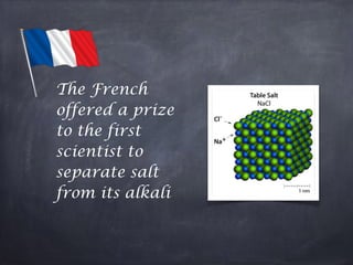 The French 
offered a prize 
to the first 
scientist to 
separate salt 
from its alkali 
 
