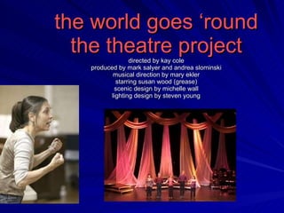 the world goes ‘round the theatre project directed by kay cole produced by mark salyer and andrea slominski musical direction by mary ekler starring susan wood (grease) scenic design by michelle wall lighting design by steven young 