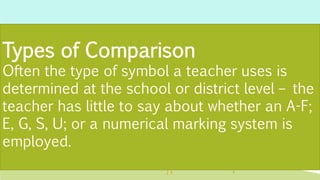 Types of Comparison
Often the type of symbol a teacher uses is
determined at the school or district level – the
teacher has little to say about whether an A-F;
E, G, S, U; or a numerical marking system is
employed.
 