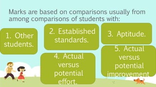 Marks are based on comparisons usually from
among comparisons of students with:
5. Actual
versus
potential
improvement.
4. Actual
versus
potential
effort..
3. Aptitude.2. Established
standards.
1. Other
students.
 