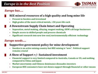 13JAN 2015
TASMANM E T A L S L I M I T E D
….the partner of choice for critical raw materials
www.tasmanmetals.com
Europe is in the Best Position
Europe has…..
█ REE mineral resources of a high quality and long mine life
 Present in Sweden and Greenland
 High grades of the most critical metals, >50 years life each
█ A Downstream Supply Chain Intact and Operating
 Separation, metal making, alloying, magnet making, OEM’s all large businesses
 Simple access to skilled people and process chemicals
 Significant research into new low cost/environmentally efficient technology
█ Supportive government policy for mine development
 Sweden is an active mining country but REE mining is “new”. Political support
remains crucial
█ A Show of Support +/- Sustained investment
 Financial support is very limited compared to Australia, Canada or US, and nothing
compared to China and Japan
 Market uncertainty and Chinese dominance dissuades investors
 European REE consumers have not shown support through financial or other means
Europe needs…..
 