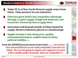 6JAN 2015
TASMANM E T A L S L I M I T E D
….the partner of choice for critical raw materials
www.tasmanmetals.com
█ Today 95 % of Rare Earth Element supply comes from
China. China protects its own industries
█ China has given itself a key competitive advantage
through a captive supply of high tech materials, and
researches intensively how to apply them
█ Innovation and demand outside of China limited by
supply, Western industries placed at a disadvantage
█ Supply security is also about price, quality,
environmental impact, conflict-mineral status,
political stability……
Modern Industry Needs Security
From the SIEMENS procurement team leader ..….. “we used to
view General Electric as our main competitor, but now it is
China. We are not going to require our engineers to work
with a smaller pallet of metals than our competitors”…..
 
