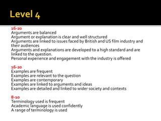 16-20
Arguments are balanced
Argument or explanation is clear and well structured
Arguments are linked to issues faced by British and US film industry and
their audiences
Arguments and explanations are developed to a high standard and are
linked to the question.
Personal experience and engagement with the industry is offered
16-20
Examples are frequent
Examples are relevant to the question
Examples are contemporary
Examples are linked to arguments and ideas
Examples are detailed and linked to wider society and contexts
8-10
Terminology used is frequent
Academic language is used confidently
A range of terminology is used
 