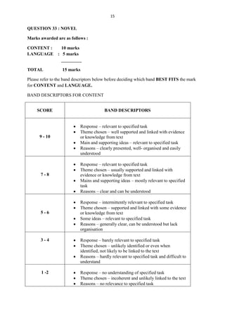 15

QUESTION 33 : NOVEL

Marks awarded are as follows :

CONTENT :         10 marks
LANGUAGE        : 5 marks
                  _________

TOTAL             15 marks

Please refer to the band descriptors below before deciding which band BEST FITS the mark
for CONTENT and LANGUAGE.

BAND DESCRIPTORS FOR CONTENT


     SCORE                              BAND DESCRIPTORS


                           Response – relevant to specified task
                           Theme chosen – well supported and linked with evidence
      9 - 10               or knowledge from text
                           Main and supporting ideas – relevant to specified task
                           Reasons – clearly presented, well- organised and easily
                           understood

                           Response – relevant to specified task
                           Theme chosen – usually supported and linked with
       7-8                 evidence or knowledge from text
                           Mains and supporting ideas – mostly relevant to specified
                           task
                           Reasons – clear and can be understood

                           Response – intermittently relevant to specified task
                           Theme chosen – supported and linked with some evidence
       5-6                 or knowledge from text
                           Some ideas – relevant to specified task
                           Reasons – generally clear, can be understood but lack
                           organisation

       3-4                 Response – barely relevant to specified task
                           Theme chosen – unlikely identified or even when
                           identified, not likely to be linked to the text
                           Reasons – hardly relevant to specified task and difficult to
                           understand

       1 -2                Response – no understanding of specified task
                           Theme chosen – incoherent and unlikely linked to the text
                           Reasons – no relevance to specified task
 