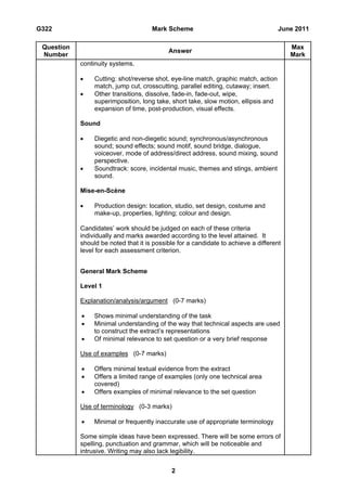 G322                                  Mark Scheme                                    June 2011

 Question                                                                                Max
                                            Answer
 Number                                                                                  Mark
            continuity systems.

                Cutting: shot/reverse shot, eye-line match, graphic match, action
                 match, jump cut, crosscutting, parallel editing, cutaway; insert.
                Other transitions, dissolve, fade-in, fade-out, wipe,
                 superimposition, long take, short take, slow motion, ellipsis and
                 expansion of time, post-production, visual effects.

            Sound

                Diegetic and non-diegetic sound; synchronous/asynchronous
                 sound; sound effects; sound motif, sound bridge, dialogue,
                 voiceover, mode of address/direct address, sound mixing, sound
                 perspective.
                Soundtrack: score, incidental music, themes and stings, ambient
                 sound.

            Mise-en-Scène

                Production design: location, studio, set design, costume and
                 make-up, properties, lighting; colour and design.

            Candidates’ work should be judged on each of these criteria
            individually and marks awarded according to the level attained. It
            should be noted that it is possible for a candidate to achieve a different
            level for each assessment criterion.


            General Mark Scheme

            Level 1

            Explanation/analysis/argument (0-7 marks)

                Shows minimal understanding of the task
                Minimal understanding of the way that technical aspects are used
                 to construct the extract’s representations
                Of minimal relevance to set question or a very brief response

            Use of examples (0-7 marks)

                Offers minimal textual evidence from the extract
                Offers a limited range of examples (only one technical area
                 covered)
                Offers examples of minimal relevance to the set question

            Use of terminology (0-3 marks)

                Minimal or frequently inaccurate use of appropriate terminology

            Some simple ideas have been expressed. There will be some errors of
            spelling, punctuation and grammar, which will be noticeable and
            intrusive. Writing may also lack legibility.


                                             2
 