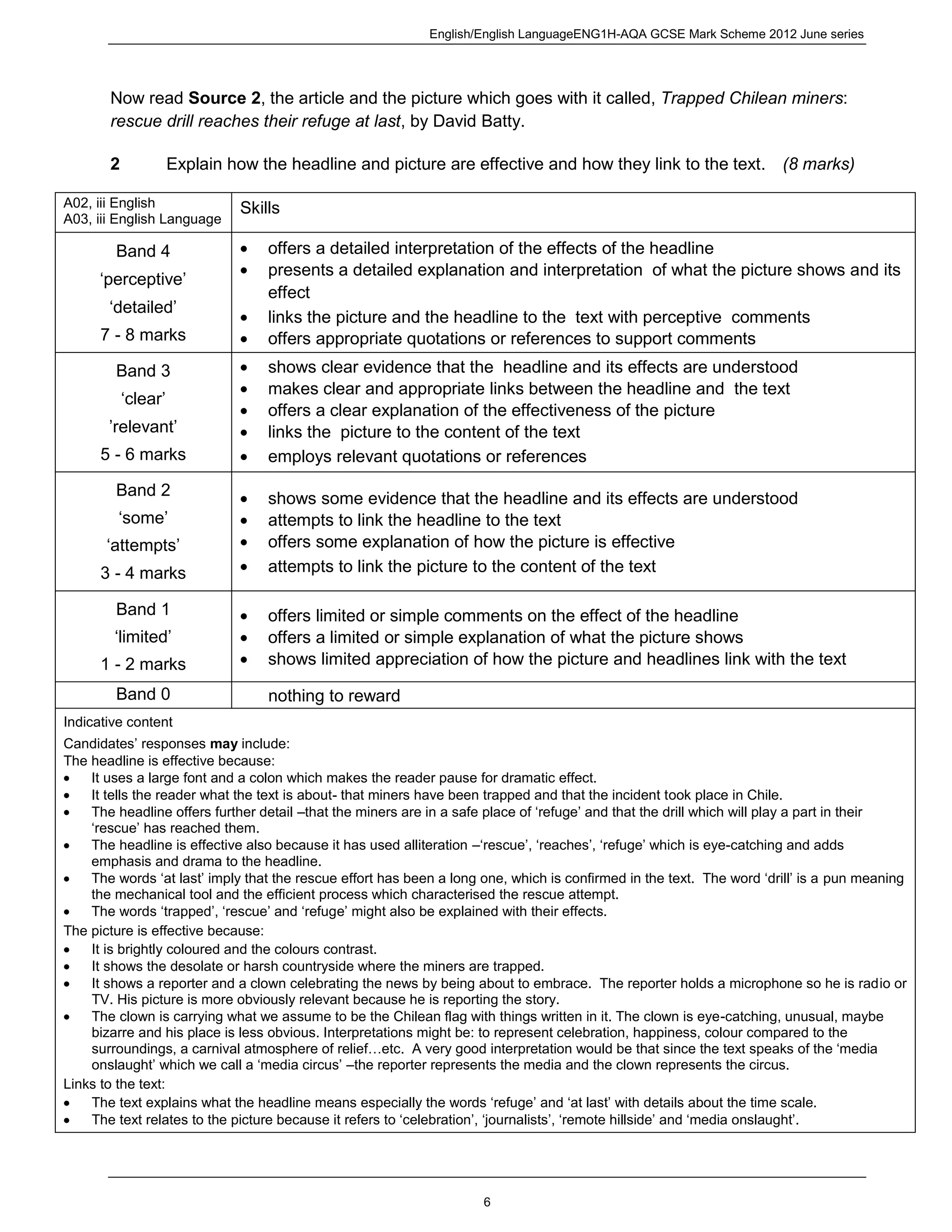 English/English LanguageENG1H-AQA GCSE Mark Scheme 2012 June series
6
Now read Source 2, the article and the picture which goes with it called, Trapped Chilean miners:
rescue drill reaches their refuge at last, by David Batty.
2 Explain how the headline and picture are effective and how they link to the text. (8 marks)
A02, iii English
A03, iii English Language
Skills
Band 4
‘perceptive’
‘detailed’
7 - 8 marks
offers a detailed interpretation of the effects of the headline
presents a detailed explanation and interpretation of what the picture shows and its
effect
links the picture and the headline to the text with perceptive comments
offers appropriate quotations or references to support comments
Band 3
‘clear’
’relevant’
5 - 6 marks
shows clear evidence that the headline and its effects are understood
makes clear and appropriate links between the headline and the text
offers a clear explanation of the effectiveness of the picture
links the picture to the content of the text
employs relevant quotations or references
Band 2
‘some’
‘attempts’
3 - 4 marks
shows some evidence that the headline and its effects are understood
attempts to link the headline to the text
offers some explanation of how the picture is effective
attempts to link the picture to the content of the text
Band 1
‘limited’
1 - 2 marks
offers limited or simple comments on the effect of the headline
offers a limited or simple explanation of what the picture shows
shows limited appreciation of how the picture and headlines link with the text
Band 0 nothing to reward
Indicative content
Candidates’ responses may include:
The headline is effective because:
It uses a large font and a colon which makes the reader pause for dramatic effect.
It tells the reader what the text is about- that miners have been trapped and that the incident took place in Chile.
The headline offers further detail –that the miners are in a safe place of ‘refuge’ and that the drill which will play a part in their
‘rescue’ has reached them.
The headline is effective also because it has used alliteration –‘rescue’, ‘reaches’, ‘refuge’ which is eye-catching and adds
emphasis and drama to the headline.
The words ‘at last’ imply that the rescue effort has been a long one, which is confirmed in the text. The word ‘drill’ is a pun meaning
the mechanical tool and the efficient process which characterised the rescue attempt.
The words ‘trapped’, ‘rescue’ and ‘refuge’ might also be explained with their effects.
The picture is effective because:
It is brightly coloured and the colours contrast.
It shows the desolate or harsh countryside where the miners are trapped.
It shows a reporter and a clown celebrating the news by being about to embrace. The reporter holds a microphone so he is radio or
TV. His picture is more obviously relevant because he is reporting the story.
The clown is carrying what we assume to be the Chilean flag with things written in it. The clown is eye-catching, unusual, maybe
bizarre and his place is less obvious. Interpretations might be: to represent celebration, happiness, colour compared to the
surroundings, a carnival atmosphere of relief…etc. A very good interpretation would be that since the text speaks of the ‘media
onslaught’ which we call a ‘media circus’ –the reporter represents the media and the clown represents the circus.
Links to the text:
The text explains what the headline means especially the words ‘refuge’ and ‘at last’ with details about the time scale.
The text relates to the picture because it refers to ‘celebration’, ‘journalists’, ‘remote hillside’ and ‘media onslaught’.
 
