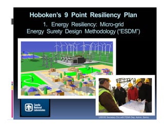 Hoboken’s 9 Point Resiliency Plan
1. Energy Resiliency: Micro-grid
Energy Surety Design Methodology (“ESDM”)
USDOE Secretary Chu with FEMA Dep. Admin. Serino
 