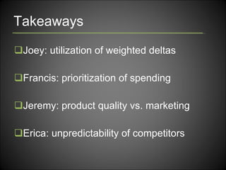 Takeaways Joey: utilization of weighted deltas Francis: prioritization of spending Jeremy: product quality vs. marketing Erica: unpredictability of competitors 