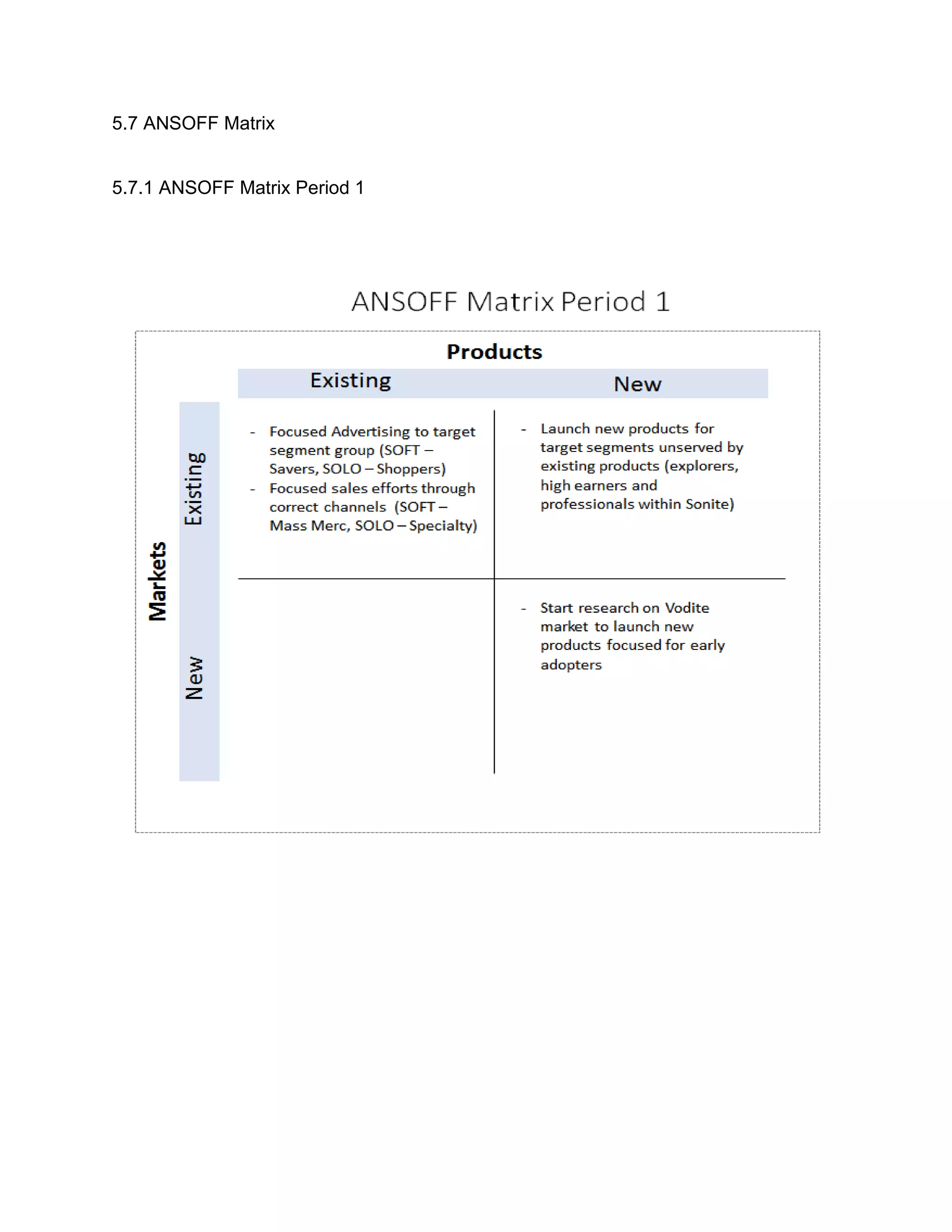 5.7 ANSOFF Matrix
5.7.1 ANSOFF Matrix Period 1
 