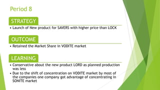 Period 8
STRATEGY
• Launch of New product for SAVERS with higher price than LOCK
OUTCOME
• Retained the Market Share in VODITE market
LEARNING
• Conservative about the new product LORD as planned production
was less
• Due to the shift of concentration on VODITE market by most of
the companies one company got advantage of concentrating in
SONITE market
 