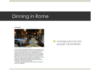 Dinning in Rome
 Average price for two
people is $164.40USD
 