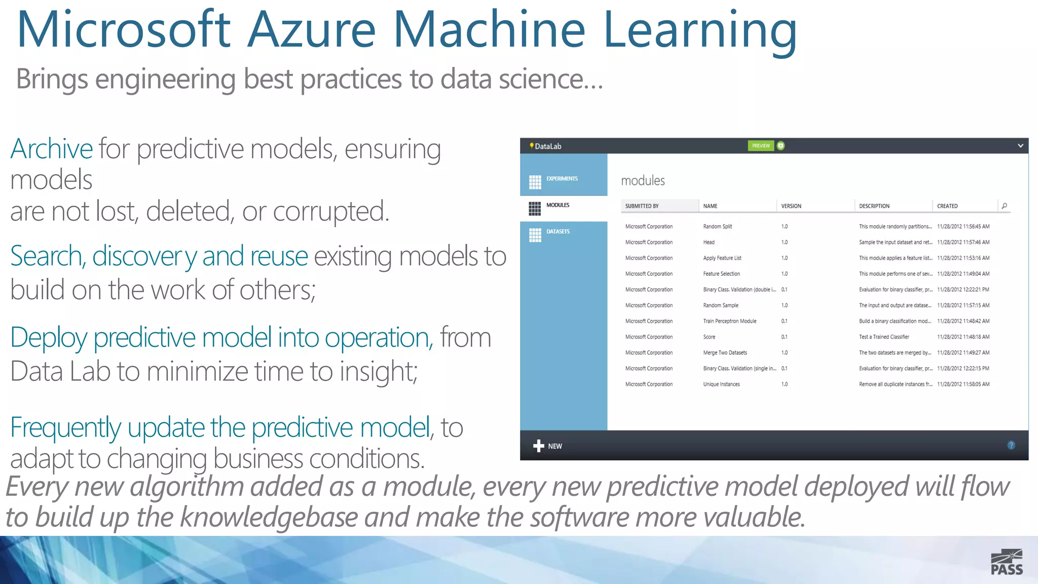 Microsoft Azure Machine Learning 
Bringsengineeringbestpracticestodatascience… 
Archiveforpredictivemodels,ensuringmodels 
arenotlost,deleted,orcorrupted. 
Search,discoveryandreuseexistingmodelsto 
buildontheworkofothers; 
Deploypredictivemodelintooperation,from 
DataLabtominimizetimetoinsight; 
Frequentlyupdatethepredictivemodel,to adapttochangingbusinessconditions. 
Everynewalgorithmaddedasamodule,everynewpredictivemodeldeployedwillflow 
tobuilduptheknowledgebaseandmakethe software morevaluable.  