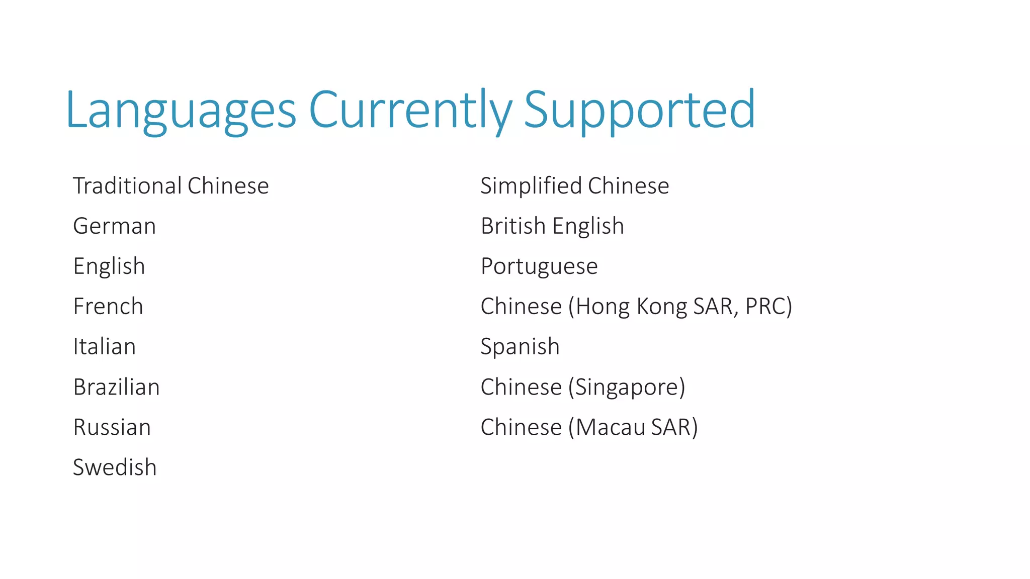 Languages Currently Supported 
Traditional Chinese 
German 
English 
French 
Italian 
Brazilian 
Russian 
Swedish 
Simplified Chinese 
British English 
Portuguese 
Chinese (Hong Kong SAR, PRC) 
Spanish 
Chinese (Singapore) 
Chinese (Macau SAR)  