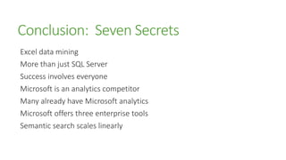 Conclusion: Seven Secrets
Excel data mining
More than just SQL Server
Success involves everyone
Microsoft is an analytics competitor
Many already have Microsoft analytics
Microsoft offers three enterprise tools
Semantic search scales linearly
 