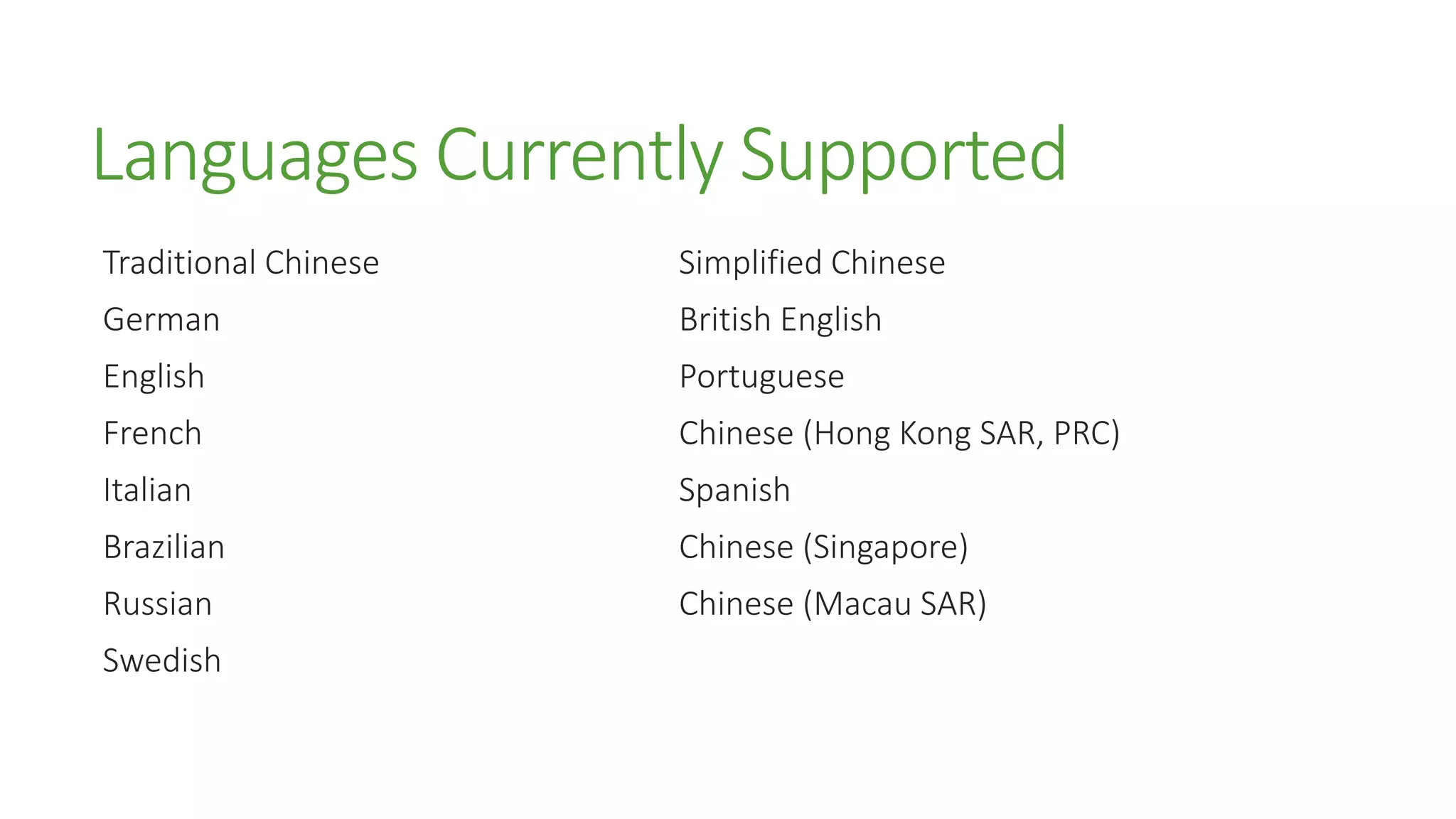 Languages Currently Supported
Traditional Chinese
German
English
French
Italian
Brazilian
Russian
Swedish
Simplified Chinese
British English
Portuguese
Chinese (Hong Kong SAR, PRC)
Spanish
Chinese (Singapore)
Chinese (Macau SAR)
 
