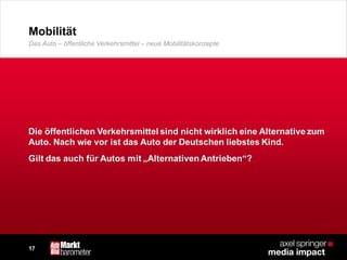 17
Mobilität
Das Auto – öffentliche Verkehrsmittel – neue Mobilitätskonzepte
 
