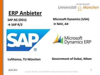 ERP Anbieter
SAP AG (DEU)                                   Microsoft Dynamics (USA)
→ SAP R/3                                      → NAV, AX




Lufthansa, TU München                        Government of Dubai, Nikon


08.02.2013                                                                       7
             Susanne Bender, Daniel Dobbert, Sebastian Krühne, Christian Röver
 