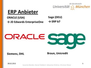 ERP Anbieter
ORACLE (USA)                                   Sage (DEU)
→ JD Edwards EnterpriseOne                     → ERP b7




Siemens, DHL                                 Braun, Unicredit


08.02.2013                                                                       8
             Susanne Bender, Daniel Dobbert, Sebastian Krühne, Christian Röver
 