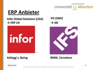 ERP Anbieter
Infor Global Solutions (USA)                    IFS (SWE)
→ ERP LN                                        → AB




Kellogg´s, Boing                               BMW, Cornelsen

08.02.2013                                                                       9
             Susanne Bender, Daniel Dobbert, Sebastian Krühne, Christian Röver
 