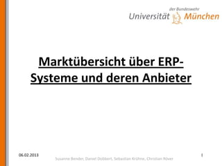 Marktübersicht über ERP-
     Systeme und deren Anbieter




06.02.2013                                                                       1
             Susanne Bender, Daniel Dobbert, Sebastian Krühne, Christian Röver
 