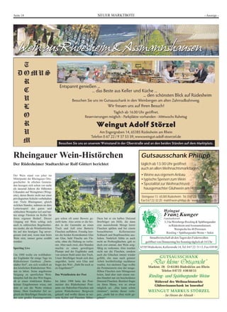 Seite 18                                                                      NEUER MARKTBOTE                                                                            - Anzeige -




Rheingauer Wein-Histörchen                                                                                        Gutsausschank Philipp
Der Rüdesheimer Stadtarchivar Rolf Göttert berichtet                                                              täglich ab 13.00 Uhr geöffnet
                                                                                                                  auch an allen Weihnachtsmarkttagen
Der Wein stand von jeher im                                                                                       • Weine aus eigenem Anbau
Mittelpunkt der Rheingauer Orts-                                                                                  • typische Speisen zum Wein
geschichte: In etlichen Gemein-
den bezogen sich schon vor mehr                                                                                   • Spezialität zur Weihnachtszeit:
als tausend Jahren die frühesten                                                                                    hausgemachter Glühwein am Hofstand
Urkunden auf Weingärten (Wing-
erte), deren Besitz nicht nur einer
                                                                                                                  Steingasse 13 · 65385 Rüdesheim · Tel. 0 67 22-32 20 u. 4 86 11
privilegierten Schicht vorbehalten
war. Viele Rheingauer, gleich                                                                                     Fax 0 67 22-32 20 · mail@wein-philipp.de · www.wein-philipp.de
welchen Standes, nahmen an dem
Lotteriespiel der guten und
schlechten Weinjahre teil und hat-                                                                                                    Weingut
ten einige Fässlein im Keller für                                                                                                     Franz Kunger
ihren eigenen Bedarf. Dieser          gen schon oft unter Beweis ge-          Dazu bat er ein halbes Dutzend                          Familienbetrieb
Umgang mit Wein schlug sich           stellt hatte. Also setzte er die bei-   Briefträger um Hilfe, die dann                          3,3 ha Weinberge Riesling & Spätburgunder
auch in zahlreichen Begebenhei-       den in der Gaststube an einen           eine ausreichende Menge leerer                              in Rüdesheim und Assmannshausen.
ten nieder, die als Weinhistörchen    Tisch und ließ eine Batterie            Flaschen spülten und bei einem                                   Weinprobe bis 40 Personen
bis auf den heutigen Tag unver-       Flaschen auffahren. Freudig leer-       benachbarten        Kellermeister                         Riesling + Spätburgunder Weine + Sekte
gessen sind und, wenn man beim        ten die beiden Kontrahenten Glas        Schlauch und Stopfmaschine aus-
Wein sitzt, immer gerne erzählt       um Glas, bald Flasche um Fla-           liehen. Natürlich fehlte es auch           Straußwirtschaft ab den Tagen des Federweißen
werden:                               sche, ohne die Haltung zu verlie-       nicht an Probiergläschen, galt es       geöffnet von Donnerstag bis Sonntag täglich ab 16 Uhr
                                      ren. Aber nach zwei, drei Stunden       doch erst einmal, den Wein sorg-
Sporting Live                         machte es einen gewaltigen              fältig zu verkosten. Also wurden    65385 Rüdesheim, Kellerstraße 14, Tel. 0 67 22 / 31 13, Fax 4 89 88
                                      Plumps und der Engländer sank           nicht nur die Flaschen, sondern
Um 1880 weilte ein wohlhaben-         von seinem Stuhl unter den Tisch.       auch die Gläschen immer wieder
der Engländer für einige Tage im      Unser Briefträger besah sich dies       gefüllt, ehe man nach getaner                       GUTSAUSSCHANK
Rüdesheimer Gasthaus „Darm-
städter Hof“, um sich weidlich an
                                      ungerührt, leerte sein Glas und
                                      fragte den Wirt: „Habt Ihr noch so
                                                                              Arbeit hochbefriedigt nachhause
                                                                              wankte. Am nächsten Tage wollte
                                                                                                                           „Das kleine Ortsgericht“
den köstlichen Rüdesheimer Wei-       en Engelänner?“                         die Postmeisterin eine der neuge-         Marktstr. 28 · D-65385 Rüdesheim am Rhein
nen zu laben. Seine angeborene                                                füllten Flaschen zum Mittagessen                    Telefon 0 67 22 - 4 06 60 55
Neigung zu sportlichen Wett-          Das Weinfässlein der Post               holen, fand aber statt einem run-
kämpfen ließ ihn den Wirt fragen,                                             den Hundert nur ein bescheidenes           Riesling- und Spätburgunder Weine
ob er einen trinkfesten Rüdes-        Im Jahre 1900 hatte der Post-           Dutzend Flaschen. Bestürzt fragte               Während des Weihnachtsmarkts:
heimer Eingeborenen wisse, mit        meister des Rüdesheimer Post-           sie ihren Mann, wie so etwas                    Glühweinausschank im Innenhof
dem er um die Wette trinken           amts ein Hektoliter-Fässchen mit        möglich sei. „Das kann schon
könne. Dem Gasthalter fiel so-        gutem Rüdesheimer Bergwein              stimmen“, meinte dieser verle-            WEINGUT MARKUS STÖRZEL
gleich der Briefträger Hensler ein,   gekauft und wollte dieses in sei-       gen, „mehr hat es eben nicht ge-                       - Im Herzen der Altstadt -
der sein großes Fassungsvermö-        nem Keller auf Flaschen füllen.         geben!“
 