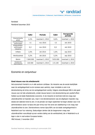 Randstad
Marktbrief december 2010




                                                                           Voorgaande
                        Cijfer           Periode              Cijfer
                                                                             periode
   Economische
                        2,2%        kwartaal 2, 2010           0,6%      kwartaal 1, 2010
       groei
  Consumenten-
                         -11            nov 2010               -13           okt 2010
    vertrouwen
  Producenten-
    vertrouwen           0,3            nov 2010                0,5          okt 2010
     industrie
      Inflatie          1,6%             okt 2010              1,6%          sep 2010

  Werkloosheid          5,2%             okt 2010              5,3%          sep 2010

      Banen           7.840.000     kwartaal 3, 2010         7.832.000   kwartaal 2, 2010
    Vacatures
                       126.500      kwartaal 3, 2010         115.100     kwartaal 2, 2010
   openstaand




Economie en conjunctuur



Goed nieuws voor de arbeidsmarkt
Het economisch herstel is nu in alle sectoren zichtbaar. De industrie was de eerste bedrijfstak
waar de werkgelegenheid na de recessie weer aantrok, maar inmiddels is ook in de
dienstverlening de krimp van de werkgelegenheid voorbij. Volgens uitzendkoepel ABU is dat goed
nieuws voor de hele arbeidsmarkt, omdat nieuwe banen in de dienstverlening een positief effect
hebben op de totale Nederlandse economie. In de industrie en techniek trekt de vraag naar
uitzendkrachten al maanden aan, maar in de dienstensectoren was de afgelopen maanden nog
steeds een dalende trend te zien. In de periode van begin september tot begin oktober was in de
administratieve sector na bijna drie jaar krimp voor het eerst een stabilisering in de vraag naar
uitzendkrachten te zien. Dienstverleners nemen bijna 80% van de totale werkgelegenheid in
Nederland voor hun rekening. Deskundigen denken dat de toegenomen vraag naar
uitzendkrachten vooruitloopt op een verdere daling van de werkloosheid, die in Nederland nu al
lager is dan in veel andere Europese landen.
P&O Actueel, 3 november 2010




Randstad Nederland, afdeling marketing & communicatie 2010
 