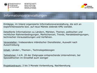 Informationsveranstaltungen

Eintägige, im Inland organisierte Informationsveranstaltung, die sich an
exportinteressierte bzw. auf neue Märkte zielende KMU wendet.

Detaillierte Informationen zu Ländern, Märkten, Themen, politischen und
rechtlichen Rahmenbedingungen, Marktchancen, Trends, Handelsbedingungen,
technischen Voraussetzungen und Verfahren.

Veranstalter: Insbesondere inländischer Dienstleister, Auswahl nach
Ausschreibung

Inhalt: Länder-, Themen-, Technologiebezogen

Teilnehmer: I.d.R. 20 der Zielgruppe entsprechende Unternehmen; bei
Spezialthemen im Einzelfall auch weniger


Projektzeitraum: 2 bis 3 Monate Vorbereitung, Nachbereitung
 