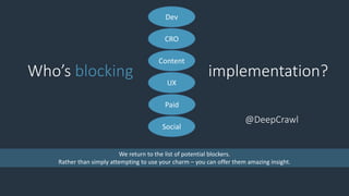 Who’s blocking implementation?
Content
Paid
Social
CRO
UX
@DeepCrawl
Dev
We return to the list of potential blockers.
Rather than simply attempting to use your charm – you can offer them amazing insight.
 