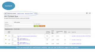 Content
This is an example of a well known website –we can see 9,000 thin pages in this report.
 