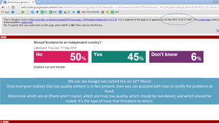 We can see Google last cached this on 22nd March
Once everyone realizes that low quality content is in fact present, then you can proceed with how to rectify the problems at
hand.
Determine which are ok (there aren’t many), which are truly low quality, which should be noindexed, and which should be
nuked. It’s the type of issue that threatens to return.
 
