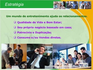 Estratégia Qualidade de Vida e Bem Estar; Seu próprio negócio baseado em casa; Patrocínio e Duplicação; Consumo e/ou Vendas diretas. Um mundo de entretenimento ajuda os relacionamentos. 