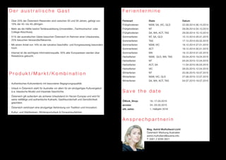 D e r a u s t r a l i s c h e G a s t 
■ Über 20% der Österreich-Reisenden sind zwischen 50 und 59 Jahren, gefolgt von 
16% der 40- bis 49-Jährigen. 
■ Mehr als die Hälfte besitzt Tertiärausbildung (Universitäts-, Fachhochschul- oder 
College-Abschluss). 
■ 51% der australischen Gäste besuchen Österreich im Rahmen einer Urlaubsreise, 
25% besuchen Verwandte/Bekannte. 
■ Mit einem Anteil von 18% ist der lukrative Geschäfts- und Kongresszweig besonders 
hoch. 
■ Internet ist die wichtigste Informationsquelle: 55% aller Europareisen werden über 
Reisebüros gebucht. 
P r o d u k t / M a r k t / K o m b i n a t i o n 
■ Authentisches Kulturerlebnis mit besonderer Begegnungsqualität. 
■ Urlaub in Österreich steht für Australier vor allem für ein einzigartiges Kulturangebot 
(v.a. klassische Musik) und imperiale Geschichte. 
■ Österreich gilt außerdem als sicheres Urlaubsland im Herzen Europas und wird für 
seine vielfältige und authentische Kulinarik, Gastfreundschaft und Gemütlichkeit 
geschätzt. 
■ Österreich verkörpert eine einzigartige Verbindung von Tradition und Innovation. 
■ Kultur- und Städtereisen, Wintersporturlaub & Donaukreuzfahrten 
F e r i e n t e r m i n e 
Ferienart State Datum 
Frühjahrsferien NSW, SA, VIC, QLD 22.09.2014-06.10.2014 
Frühjahrsferien NT 29.09.2014-04.10.2014 
Frühjahrsferien SA, WA, ACT, TAS 29.09.2014-10.10.2014 
Sommerferien NT, SA, QLD 15.12.2014-26.01.2015 
Sommerferien TAS 17.12.2014-03.02.2015 
Sommerferien NSW, VIC 18.12.2014-27.01.2015 
Sommerferien ACT 18.12.2014-30.01.2015 
Sommerferien WA 19.12.2014-01.02.2015 
Herbstferien NSW, QLD, WA, TAS 03.04.2015-19.04.2015 
Herbstferien NT 04.04.2015-12.04.2015 
Herbstferien ACT, SA 11.04.2015-26.04.2015 
Herbstferien VIC 28.03.2015-12.04.2015 
Winterferien NT 20.06.2015-19.07.2015 
Winterferien NSW, VIC, QLD 27.06.2015-12.07.2015 
Winterferien SA, WA, ACT, TAS 04.07.2015-19.07.2015 
S a v e t h e d a t e 
ÖWork_Shop: 16.-17.03.2015 
access: 24.-25.03.2015 
atb_sales: 1. Halbjahr 2016 
A n s p r e c h p a r t n e r i n 
Mag. Astrid Mulholland-Licht 
Österreich Werbung Australien 
astrid.mulholland@austria.info 
T: 0061 2 9299 3621 
 