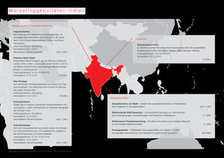 M a r k e t i n g a k t i v i t ä t e n I n d i e n 
Marktkampagnen & Customized Marketing 
Imperial Austria 
Der Fokus liegt auf klassischen Städteangeboten mit 
regionalen Kulturaktivitäten und Ausflügen in die sanfte 
Natur und umfasst Medienbeileger, Online- und Radio-kampagnen. 
Leistungszeitraum: Ganzjährig 
Anmeldefrist: 30.11.2014 
Verschiedene Teilnahmepakete ab € 3.000,- 
Premium Asien Paket 
Präsentieren Sie Ihr Angebot auf vier Märkten (Arabische 
Länder, China, Indien, Japan) über unsere Online- und So-cial 
Media-Kanäle sowie in hochwertigen Medienbeilagen 
jeweils in Landessprache. 
Leistungszeitraum: 01.03.-01.09.2015 
Anmeldefrist: 31.01.2015 € 2.350,- 
Rep Package 
Ihre individuelle Produktpräsentation bei Indiens Top-Rei-severanstaltern. 
Wir präsentieren Ihr Produkt für Sie und 
Sie sparen Reisekosten. 
Leistungszeitraum: Ganzjährig 
Anmeldefrist: 31.01.2015 € 5.000,- 
Pressekonferenz 
Stellen Sie Ihr Angebot zahlreichen Medienvertretern und 
Journalisten in Delhi und Mumbai vor. Erreichen Sie gezielt 
die richtigen Leser. 
Leistungszeitraum: Ganzjährig 
Anmeldefrist: 31.01.2015 
Verschiedene Teilnahmepakete ab € 1.500,- 
Onlinekampagne 
85% der Europareisenden aus Indien nutzen das Internet 
zur Informationseinholung. Wir bewerben Ihr Angebot in 
der Buchungsphase auf unserer Website. 
Leistungszeitraum: 01.03.-01.07.2015 
Anmeldefrist: 31.01.2015 
Verschiedene Teilnahmepakete ab € 1.000,- 
Workshops 
Workshopserie Indien 
Im Rahmen unserer Workshop-Serie erreichen Sie über 300 ausgewählte 
Multiplikatoren in den wichtigsten Städten: Delhi, Mumbai, Chennai 
Leistungszeitraum: 03.-05.02.2015 
Anmeldefrist: 30.11.2014 
€ 2.200,- 
Standardaktivitäten 
Akquisitionstour am Markt – Nützen Sie persönliche Termine zur Präsentation 
Ihrer Angebote im jeweiligen Markt! ab € 1.350,- 
Elektronischer B2B Newsletter – Kontinuierliche Sendung von Informationen 
über Veranstaltungen, Neueröffnungen und Produkte an Reisebüros. € 1.000,- 
Elektronische Presseaussendung – Wir liefern Ihre Inhalte zum richtigen Zeitpunkt 
an die richtigen Medienkontakte! € 1.000,- 
Pressegespräch – Präsentieren Sie ausgewählten Journalisten in Indien 
Ihre aktuellen Informationen und Highlights im persönlichen Gespräch! ab € 900,- 
Angegebene Preise verstehen sich exkl. MwSt. und variabler Kosten. 
 