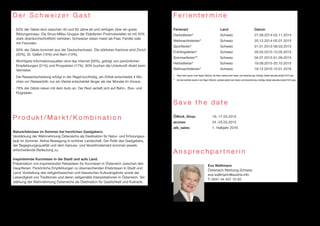 D e r S c h w e i z e r G a s t 
■ 63% der Gäste sind zwischen 40 und 69 Jahre alt und verfügen über ein gutes 
Bildungsniveau. Die Sinus-Milieu-Gruppe der Etablierten Postmateriellen ist mit 40% 
stark überdurchschnittlich vertreten. Schweizer reisen meist als Paar, Familie oder 
mit Freunden. 
■ 95% der Gäste kommen aus der Deutschschweiz. Die stärksten Kantone sind Zürich 
(30%), St. Gallen (16%) und Bern (13%). 
■ Wichtigste Informationsquellen sind das Internet (58%), gefolgt von persönlichen 
Empfehlungen (21%) und Prospekten (17%). 60% buchen die Unterkunft direkt beim 
Vermieter. 
■ Die Reiseentscheidung erfolgt in der Regel kurzfristig, ein Drittel entscheidet 4 Wo-chen 
vor Reiseantritt, nur ein Viertel entscheidet länger als vier Monate im Voraus. 
■ 78% der Gäste reisen mit dem Auto an. Der Rest verteilt sich auf Bahn-, Bus- und 
Flugreisen. 
P r o d u k t / M a r k t / K o m b i n a t i o n 
Naturerlebnisse im Sommer bei herzlichen Gastgebern. 
Verstärkung der Wahrnehmung Österreichs als Destination für Natur- und Erholungsur-laub 
im Sommer. Aktive Bewegung in schöner Landschaft. Der Rolle des Gastgebers, 
der Begegnungsqualität und dem Genuss- und Verwöhnelement kommen jeweils 
entscheidende Bedeutung zu. 
Inspirierende Kurzreisen in die Stadt und aufs Land. 
Präsentation von inspirierenden Reiseideen für Kurzreisen in Österreich zwischen den 
Hauptferien. Persönliche Empfehlungen zu überraschenden Erlebnissen in Stadt und 
Land. Vorstellung des zeitgenössischen und klassischen Kulturangebots sowie der 
Lebendigkeit von Traditionen und deren zeitgemäße Interpretationen in Österreich. Ver-stärkung 
der Wahrnehmung Österreichs als Destination für Gastlichkeit und Kulinarik. 
F e r i e n t e r m i n e 
Ferienart Land Datum 
Herbstferien* Schweiz 27.09.2014-02.11.2014 
Weihnachtsferien* Schweiz 20.12.2014-05.01.2015 
Sportferien* Schweiz 31.01.2015-08.03.2015 
Frühlingsferien* Schweiz 28.03.2015-10.05.2015 
Sommerferien** Schweiz 04.07.2015-01.09.2015 
Herbstferien* Schweiz 19.09.2015-25.10.2015 
Weihnachtsferien* Schweiz 19.12.2015-10.01.2016 
* Diese Ferien dauern in der Regel 2 Wochen. Die Daten variieren nach Kanton und Gemeinde resp. Schultyp. Details www.ides.ch/dyn/15213.php 
** Die Sommerferien dauern in der Regel 5 Wochen, variieren jedoch nach Kanton und Gemeinde resp. Schultyp. Details www.ides.ch/dyn/15213.php. 
S a v e t h e d a t e 
ÖWork_Shop: 16.-17.03.2015 
access: 24.-25.03.2015 
atb_sales: 1. Halbjahr 2016 
A n s p r e c h p a r t n e r i n 
Eva Wallimann 
Österreich Werbung Schweiz 
eva.wallimann@austria.info 
T: 0041 44 457 10 50 
 