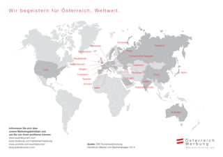 Wi r b e g e i s t e r n f ü r Ö s t e r r e i c h . W e l t w e i t . 
Informieren Sie sich über 
unsere Marketingaktivitäten und 
wie Sie von ihnen profitieren können: 
www.austriatourism.com 
www.facebook.com/oesterreichwerbung 
www.youtube.com/austriatourism 
blog.austriatourism.com 
Quelle: ÖW Tourismusforschung 
Handbuch Märkte und Marktstrategien 2014 
USA 
Dänemark 
Deutschland 
Niederlande 
Großbritannien 
Belgien 
Frankreich 
Spanien 
Schweiz 
Italien 
Schweden 
Polen 
Tschechische Republik 
Österreich 
Rumänien 
Ungarn 
Russland 
China 
Indien 
Arabische Länder 
Japan 
Australien 
