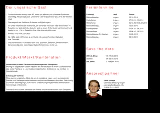 D e r u n g a r i s c h e G a s t 
■ Durchschnittsalter knapp unter 40, meist gut gebildet und in höheren Positionen 
beschäftigt. Hauptzielgruppe: „Erweiterte Liberal Upperclass“ (ca. 25% der Bevölke-rung). 
■ Überwiegend aus Großraum Budapest und Westungarn. 
■ Ein Drittel informiert sich im Internet, ein Viertel bei Freunden oder Verwandten, im 
Reisebüro nur jeder Zehnte. Gebucht wird zu einem Drittel direkt bei Unterkunft und 
jeweils zu ca. 15% im Reisebüro bzw. über Internetplattformen. 
■ Anreise: 70% PKW, 25% Bus. 
■ Die Hälfte reist mit Partner, je ein Viertel mit weiteren Familienmitgliedern 
bzw. Freunden. 
■ Urlaubsinteressen: in der Natur sein bzw. spazieren, Skifahren, Winterwandern, 
Sehenswürdigkeiten besichtigen, Baden/Schwimmen, nichts tun. 
P r o d u k t / M a r k t / K o m b i n a t i o n 
Winterurlaub in allen Facetten bei hervorragenden Gastgebern. 
Wichtig ist ungarischen Gästen während des Winterurlaubs in einem Qualitätsbetrieb 
eine breite Palette an In- und Outdoormöglichkeiten. Skifahren ist nur ein Stein im 
Urlaubsmosaik. 
Erholung im Sommer. 
Diese suchen ungarische Gäste bei uns in randalpiner Lage. Leicht zu meisternde 
Wander- und Radwege sowie Badeseen ermöglichen Bewegung im Freien. Gleichzeitig 
suchen sie Besichtigungs-, Exkursions- und Erholungsmöglichkeiten während ihrer 
Sommertage in Österreich. 
Geschätzt wird zu jeder Jahreszeit der direkte und herzliche Kontakt zum Gastgeber. 
F e r i e n t e r m i n e 
Ferienart Land Datum 
Nationalfeiertag Ungarn 23.10.2014 
Herbstferien Ungarn 27.10.-31.10.2014 
Winterferien Ungarn 20.12.2014-05.01.2015 
Nationalfeiertag Ungarn 15.03.2015 
Frühlingsferien Ungarn 02.04.-07.04.2015 
Sommerferien Ungarn 15.06.-01.09.2015 
Nationalfeiertag St. Stephan Ungarn 20.08.2015 
Nationalfeiertag Ungarn 23.10.2015 
S a v e t h e d a t e 
ÖWork_Shop: 16.-17.03.2015 
access: 24.-25.03.2015 
atb_sales: 1. Halbjahr 2016 
A n s p r e c h p a r t n e r 
Péter Szedlák 
Österreich Werbung Ungarn 
peter.szedlak@austria.info 
T: 0036 1 413 3922 
 