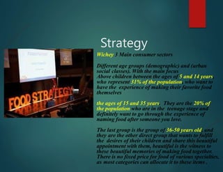 Strategy
Wichey 3 Main consumer sectors
Different age groups (demographic) and (urban
social classes). With the main focus
Above children between the ages of 5 and 14 years,
who represent 31% of the population, who want to
have the experience of making their favorite food
themselves
the ages of 15 and 35 years. They are the 20% of
the population who are in the teenage stage and
definitely want to go through the experience of
naming food after someone you love.
The last group is the group of 36-50 years old, and
they are the other direct group that wants to fulfill
the desires of their children and share this beautiful
appointment with them, beautiful is the witness to
these beautiful memories of making food together.
There is no fixed price for food of various specialties,
as most categories can allocate it to these items .
 