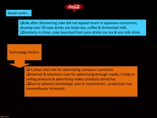 Social contn…
Like after discovering coke did not appeal much in Japanese consumers,
develop over 30 new drinks are Asian tea, coffee & fermented milk.
Similarly in china ,coke launched fruit juice drinks ice tea & soy milk drink.
Technology factors
 It plays vital role for advertising company's products.
Internet & television uses for advertising through media, it help in
selling products & advertising makes products attractive.
Due to advance technology uses in machineries , production has
tremendously increased.
 