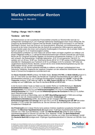 Marktkommentar Renten
Donnerstag, 31. Mai 2012




Trading – Range: 144.71–146.00

Tendenz: sehr fest
Die Risikoaversion an den europäischen Finanzmärkten erreichte zur Wochenmitte nach der nur
schleppenden Versteigerung 5- und 10-jähriger italienischer Staatspapiere einen neuen Höhepunkt. Die
Zuspitzung der Bankenkrise in Spanien trieb die Rendite 10-jähriger BTPs auf knapp 6 % und hielt die
Nachfrage in Schach. Auch der Einbruch von Konjunkturklima, Wirtschaft- und Industrievertrauen in der
Eurozone ist der hohen Unsicherheit über die Zukunft der europäischen Währungsunion geschuldet.
Sorgen bereitet zudem die immer noch schwache Kreditvergabe im Euroraum, die im privaten Sektor im
April um wenige 0.3 % im Vorjahresvergleich anstieg.
Bundesanleihen profitierten von ihren Status als sicherer Hafen und legten angeführt von mittleren und
langen Fälligkeiten kräftig zu. 2- jährige Bundesschatzanweisungen rentierten erstmals bei null Prozent.
Bonds der EU- Peripherie tendierten dagegen mit Ausnahme portugiesischer Anleihen (11.35 %/+2 BP)
sehr schwach. Die Risikoprämien 10-jähriger italienischer (5.91 %) und spanischer Titel (6.61 %)
weiteten sich um 26 bzw. 30 BP aus. Griechische Bonds (28.32 %/+17 BP) setzten ihren Renditeanstieg
ebenfalls fort. Staatspapiere aus Frankreich (2.46 %) und Belgien (3.04 %) rentierten 7 BP höher als
vergleichbare deutsche Bonds. Berichte, wonach die EU einen direkte Bankenkapitalisierung über den
ESM zulassen könnte, wurden nicht bestätigt.
Die Renditen von US- Bonds markierten ebenfalls im mittleren und langen Laufzeitsegment neue
historische Tiefstände. Angesichts der negativen Vorgaben von den asiatischen Aktienbörsen weiten sie
heute in Fernost ihre Kursgewinne nochmals leicht aus.

Der Bund- Kontrakt (145.47) schloss 144 Stellen fester, Schatz (110.795) und Bobl (126.84) gingen 8 ½
bzw. 61 Ticks höher aus dem Markt. Die Rendite der 10-jährigen Bundesanleihe fiel auf 1.25 %, der
Renditeabstand zwischen 2- und 10-jährigen Bundesanleihen ermäßigte sich 125 BP. 10-jährige US-
Treasuries rentieren 10 BP tiefer bei 1.62 %, der JGB- Future (143.65) legt 18 Ticks zu. Der Euro
verbilligt sich auf 1.239 Dollar, der Preis für das Barrel Öl fällt auf 87.6 Dollar.

In der Eurozone stehen heute nur Daten aus der zweiten Reihe zur Veröffentlichung an. Deutsche
Einzelhandelsumsätze (+0.2 %/+0.3 %) und Arbeitslosenquote (6.8 %), die französischen
Erzeugerpreise (+0.2 %/2.9 %) und Verbraucherausgaben (+0.3 %/0 %) sowie italienische
Verbraucherpreise (+0.1 %/3.6 %) und die Inflationsprognose der Eurozone für Mai (2.5 %) dürften
kaum Überraschungen bergen.
Interessanter wird es am Nachmittag, wenn der ADP- Beschäftigungsreport (+150K) eine wichtige
Indikation für den US- Arbeitsmarktbericht am Freitag liefert. Erstanträge auf
Arbeitslosenunterstützung (370K), der mit Blick auf den morgigen ISM- Index wichtigen
Einkaufsmanagerindex aus Chicago (56.8 nach 56.2) und die 2. Schätzung zum US- BIP des ersten
Quartals (+1.9 %) runden den Datenkranz ab. Die Iren stimmen über den Beitritt des Landes zum
Europäischen Fiskalpakt ab.

Am Primärmarkt sind in dieser Woche keine weiteren Anleihen staatlicher europäischer Schuldner mehr
geplant. Die Münchner Hypothekenbank eG begab einen 10-jährigen Hypothekenpfandbrief im
Volumen von 1 Mrd. Euro bei Midswap +10 BP. Die HSH Nordbank AG zahlte für einen 4-jährigen
Hypothekenpfandbrief im Volumen von 500 Mio. Euro Midswap +18 BP. Die Bank Nederlandse
Gemeenten (BNG) platzierte einen 7-jährige Anleihe im Volumen von 2 Mrd. Euro bei Midswap +50 BP.
Die Deutsche Bank AG kündigte einen 10-jährigen Hypothekenpfandbrief im Volumen von 500 Mio. Euro
an.

Die Angaben auf unseren Publikationen werden von uns sorgfältig geprüft. Dennoch können wir keine Haftung oder Garantie
für Vollständigkeit, inhaltliche Richtigkeit oder Aktualität der Angaben übernehmen. Bitte beachten Sie, dass die Seiten nur
unverbindliche Informationen enthalten, die insbesondere nicht als Anlageempfehlung verstanden werden dürfen und die
eine individuelle Beratung mit weiteren zeitnahen Informationen nicht ersetzen. Unsere Internetseiten genießen
urheberrechtlichen Schutz. Jeder Form der Verbreitung oder Vervielfältigung bedarf unserer ausdrücklichen vorherigen
Genehmigung.                                       © Landesbank Hessen-Thüringen Girozentrale, Frankfurt am Main und Erfurt
 