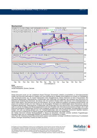 Marktkommentar Renten, Freitag, 21.09.2012                                                                                     Seite 3/4




Wochenchart:




Autor
Thomas Weidmann
Handel Wertpapiere, Devisen, Derivate

Disclaimer

Dieses Dokument wurde von der Landesbank Hessen-Thüringen Girozentrale („Helaba“) ausschließlich zu Informationszwecken
erstellt. Das Dokument stellt weder ein Angebot noch eine Aufforderung zur Abgabe eines Angebots zum Erwerb von Wertpapieren
oder Finanzinstrumenten dar. Es ersetzt insbesondere keine Anlageberatung. Dieses Dokument ist keine Finanzanalyse. Alle
enthaltenen Bewertungen, Stellungnahmen, Empfehlungen oder Erklärungen sind diejenigen des Verfassers des Dokuments zum
Zeitpunkt der Erstellung des Dokuments. Sie können sich ohne weiteren Hinweis ändern und stimmen nicht notwendigerweise mit
denen Dritter überein. Das Dokument beruht auf Informationen, die von der Helaba als zutreffend und adäquat erachtet werden, die
jedoch nicht verifiziert worden sind. Eine Haftung für die Genauigkeit, Richtigkeit und Vollständigkeit dieser Informationen oder der
enthaltenen Bewertungen, Stellungnahmen, Empfehlungen oder Erklärungen wird nicht übernommen. Eine Investitionsentscheidung
sollte nur auf der Grundlage eines Beratungsgesprächs sowie des Prospekts oder Informationsmemorandums erfolgen. Die in dem
Dokument enthaltenen Empfehlungen können je nach Anlageziel, Anlagehorizont oder der individuellen Vermögenslage für einzelne
Anleger nicht oder nur bedingt geeignet sein. Da Trading-Empfehlungen stark auf kurzfristigen technischen Aspekten basieren,
können sie auch im Widerspruch zu anderen Aussagen mit Empfehlungscharakter der Helaba stehen.
Die Helaba übernimmt keinerlei Beratungstätigkeit in Bezug auf steuerliche, bilanzielle und/oder rechtliche Fragestellungen.
Derartige Fragen sind mit unabhängigen Beratern vor Abschluss von Transaktionen zu klären.
[Jede Form der Verbreitung dieses Dokuments bedarf unserer ausdrücklichen vorherigen schriftlichen Zustimmung. © Landesbank
Hessen-Thüringen Girozentrale, Frankfurt am Main und Erfurt]




Die Angaben auf unseren Publikationen werden von uns sorgfältig geprüft. Dennoch können wir keine Haftung oder Garantie
für Vollständigkeit, inhaltliche Richtigkeit oder Aktualität der Angaben übernehmen. Bitte beachten Sie, dass die Seiten nur
unverbindliche Informationen enthalten, die insbesondere nicht als Anlageempfehlung verstanden werden dürfen und die
eine individuelle Beratung mit weiteren zeitnahen Informationen nicht ersetzen. Unsere Internetseiten genießen
urheberrechtlichen Schutz. Jeder Form der Verbreitung oder Vervielfältigung bedarf unserer ausdrücklichen vorherigen
Genehmigung.                                       © Landesbank Hessen-Thüringen Girozentrale, Frankfurt am Main und Erfurt
 