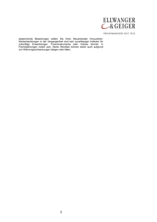 3
abweichende Bewertungen sollten Sie Ihren Steuerberater hinzuziehen.
Wertentwicklungen in der Vergangenheit sind kein zuverlässiger Indikator für
zukünftige Entwicklungen. Finanzinstrumente oder Indizes können in
Fremdwährungen notiert sein. Deren Renditen können daher auch aufgrund
von Währungsschwankungen steigen oder fallen.
 