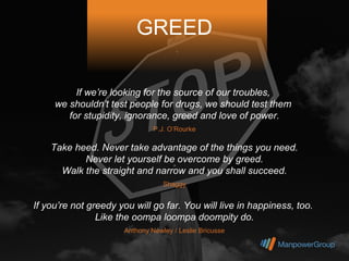 GREED

          If we’re looking for the source of our troubles,
     we shouldn’t test people for drugs, we should test them
        for stupidity, ignorance, greed and love of power.
                               P.J. O’Rourke

    Take heed. Never take advantage of the things you need.
           Never let yourself be overcome by greed.
      Walk the straight and narrow and you shall succeed.
                                  Shaggy


If you’re not greedy you will go far. You will live in happiness, too.
                Like the oompa loompa doompity do.
                      Anthony Newley / Leslie Bricusse
 