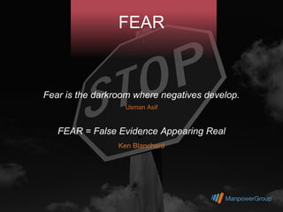 FEAR



Fear is the darkroom where negatives develop.
                  Usman Asif


   FEAR = False Evidence Appearing Real
                 Ken Blanchard
 