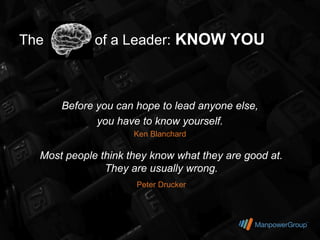 The          of a Leader: KNOW YOU



      Before you can hope to lead anyone else,
             you have to know yourself.
                     Ken Blanchard

  Most people think they know what they are good at.
               They are usually wrong.
                     Peter Drucker
 