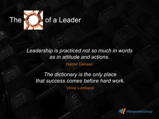 The          of a Leader



      Leadership is practiced not so much in words
               as in attitude and actions.
                      Harold Geneen

             The dictionary is the only place
         that success comes before hard work.
                      Vince Lombardi
 