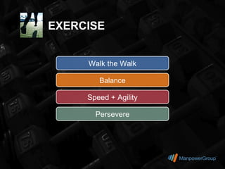EXERCISE


     Walk the Walk

        Balance

     Speed + Agility

       Persevere
 