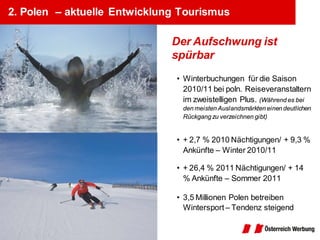 2. Polen – aktuelle Entwicklung Tourismus

                              Der Aufschwung ist
                              spürbar
                               • Winterbuchungen für die Saison
                                 2010/11 bei poln. Reiseveranstaltern
                                 im zweistelligen Plus. (Während es bei
                                den meisten Auslandsmärkten einen deutlichen
                                Rückgang zu verzeichnen gibt)


                               • + 2,7 % 2010 Nächtigungen/ + 9,3 %
                                 Ankünfte – Winter 2010/11

                               • + 26,4 % 2011 Nächtigungen/ + 14
                                 % Ankünfte – Sommer 2011

                               • 3,5 Millionen Polen betreiben
                                 Wintersport – Tendenz steigend
 
