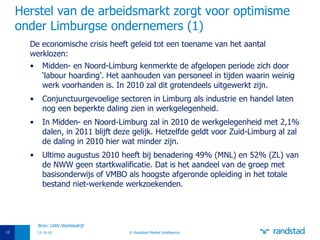 Herstel van de arbeidsmarkt zorgt voor optimisme onder Limburgse ondernemers (1) De economische crisis heeft geleid tot een toename van het aantal werklozen: Midden- en Noord-Limburg kenmerkte de afgelopen periode zich door ‘labour hoarding’. Het aanhouden van personeel in tijden waarin weinig werk voorhanden is. In 2010 zal dit grotendeels uitgewerkt zijn. Conjunctuurgevoelige sectoren in Limburg als industrie en handel laten nog een beperkte daling zien in werkgelegenheid. In Midden- en Noord-Limburg zal in 2010 de werkgelegenheid met 2,1% dalen, in 2011 blijft deze gelijk. Hetzelfde geldt voor Zuid-Limburg al zal de daling in 2010 hier wat minder zijn. Ultimo augustus 2010 heeft bij benadering 49% (MNL) en 52% (ZL) van de NWW geen startkwalificatie. Dat is het aandeel van de groep met basisonderwijs of VMBO als hoogste afgeronde opleiding in het totale bestand niet-werkende werkzoekenden. 12-10-10 © Randstad Market Intelligence Bron: UWV Werkbedrijf 
